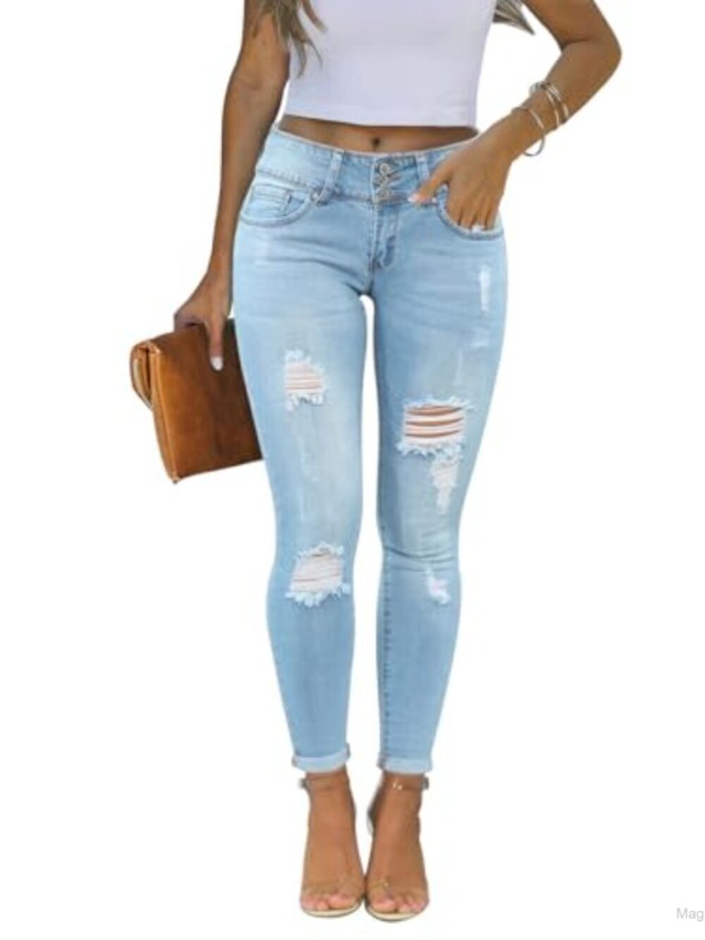 Women's Skinny Ripped Distressed Jeans Mid Rise Stretchy Denim Casual
